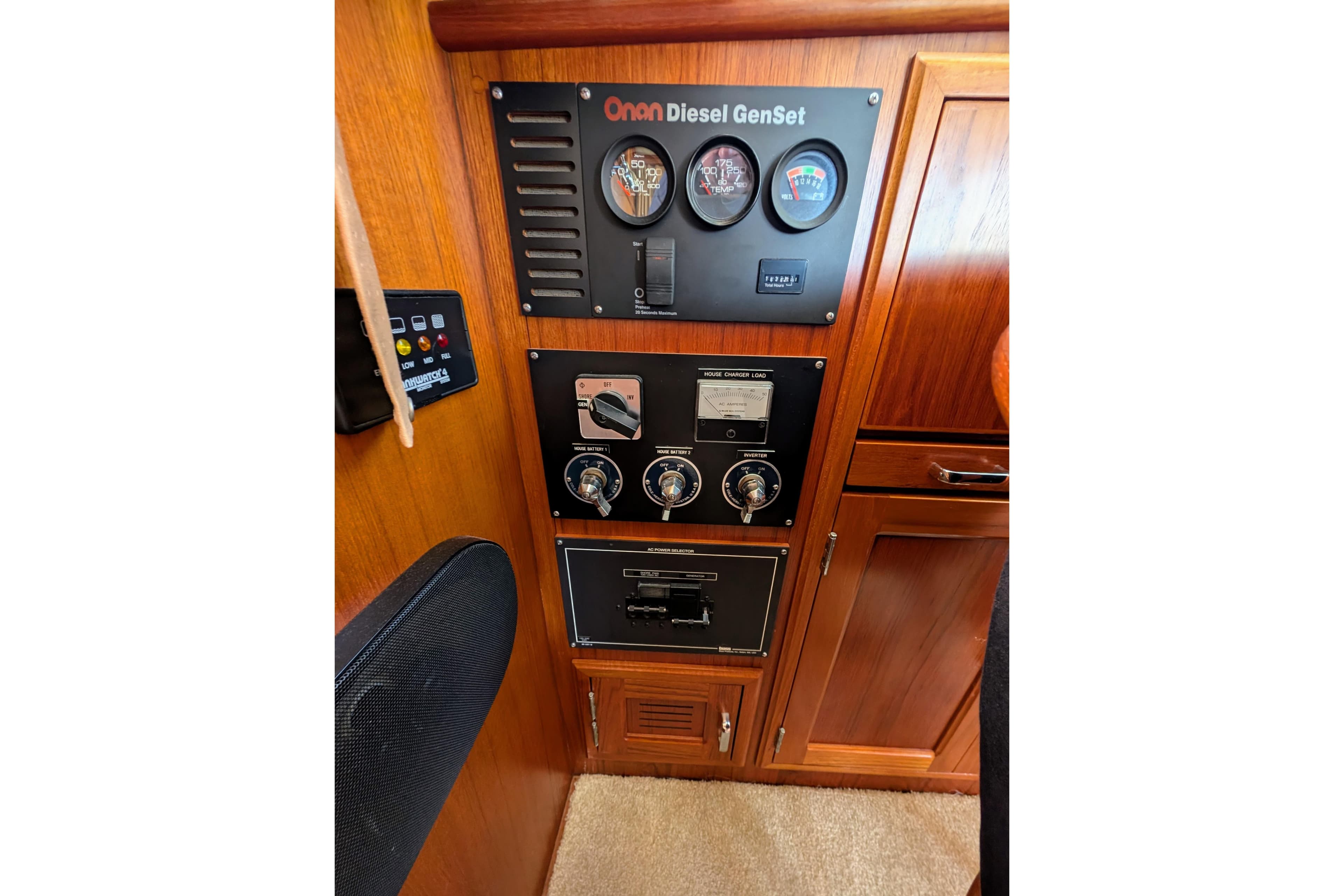 Control panel of a 2001 Dettling 51 yacht with Onan Diesel GenSet.