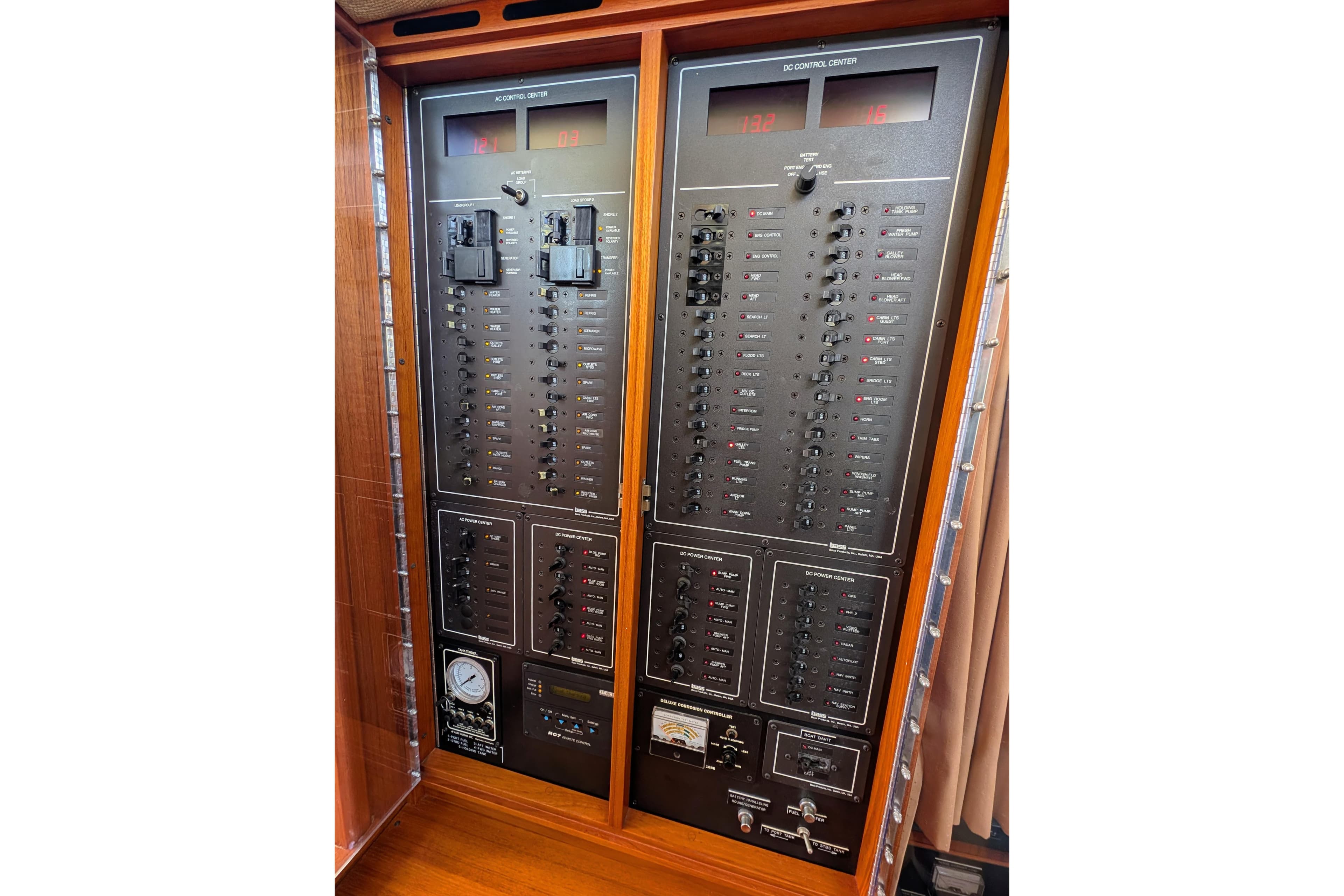 Electrical control panel of a 2001 Dettling 51 yacht, featuring switches and meters.