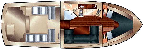2001 Mainship Pilot 34 Sedan floor plan, featuring cabin, seating, and galley layout.