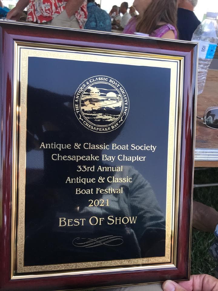Best of Show award plaque at 2021 Antique & Classic Boat Festival, Chesapeake Bay Chapter.