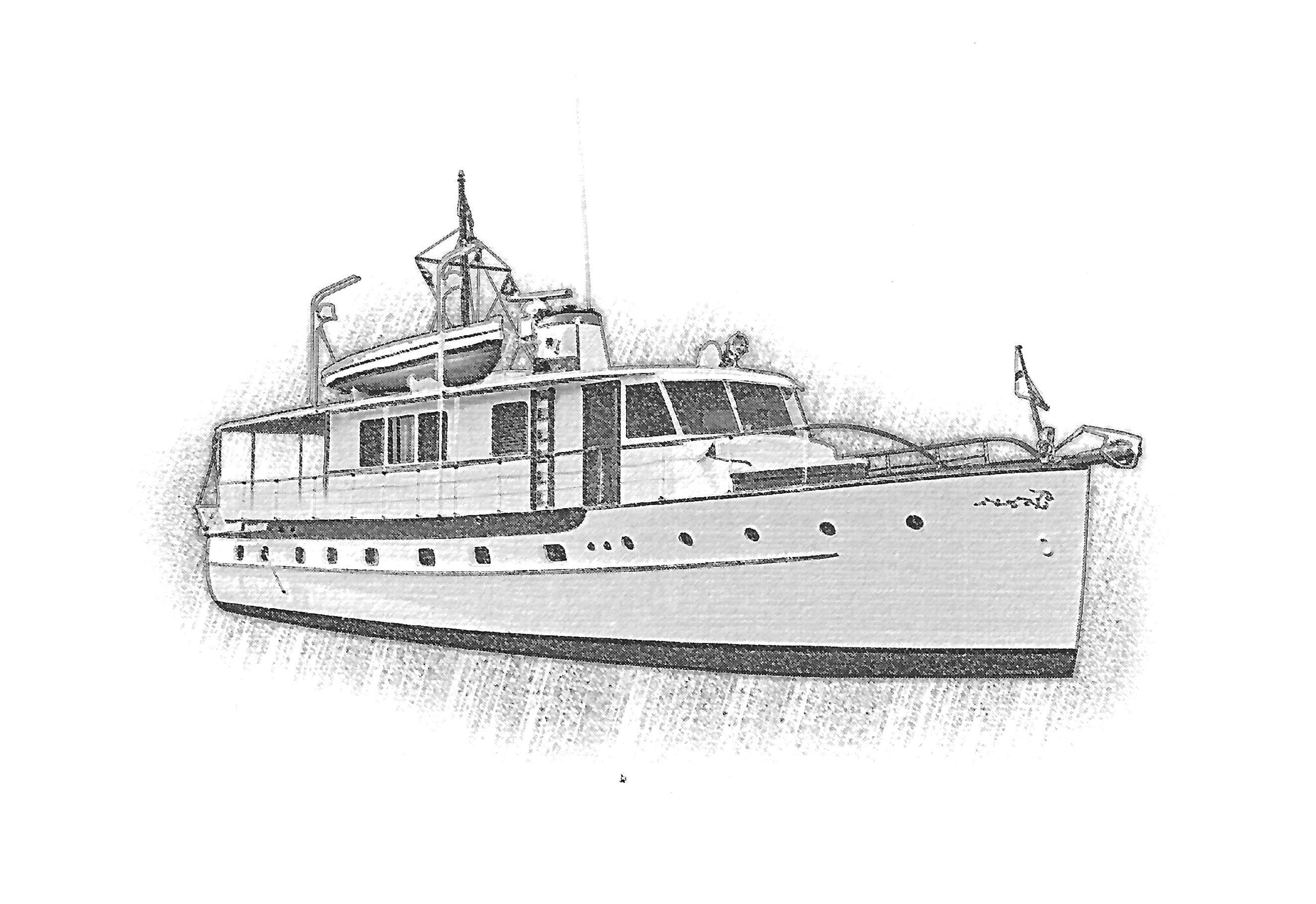 1947 Trumpy "60" Houseboat sketch, classic design, side view, detailed illustration.