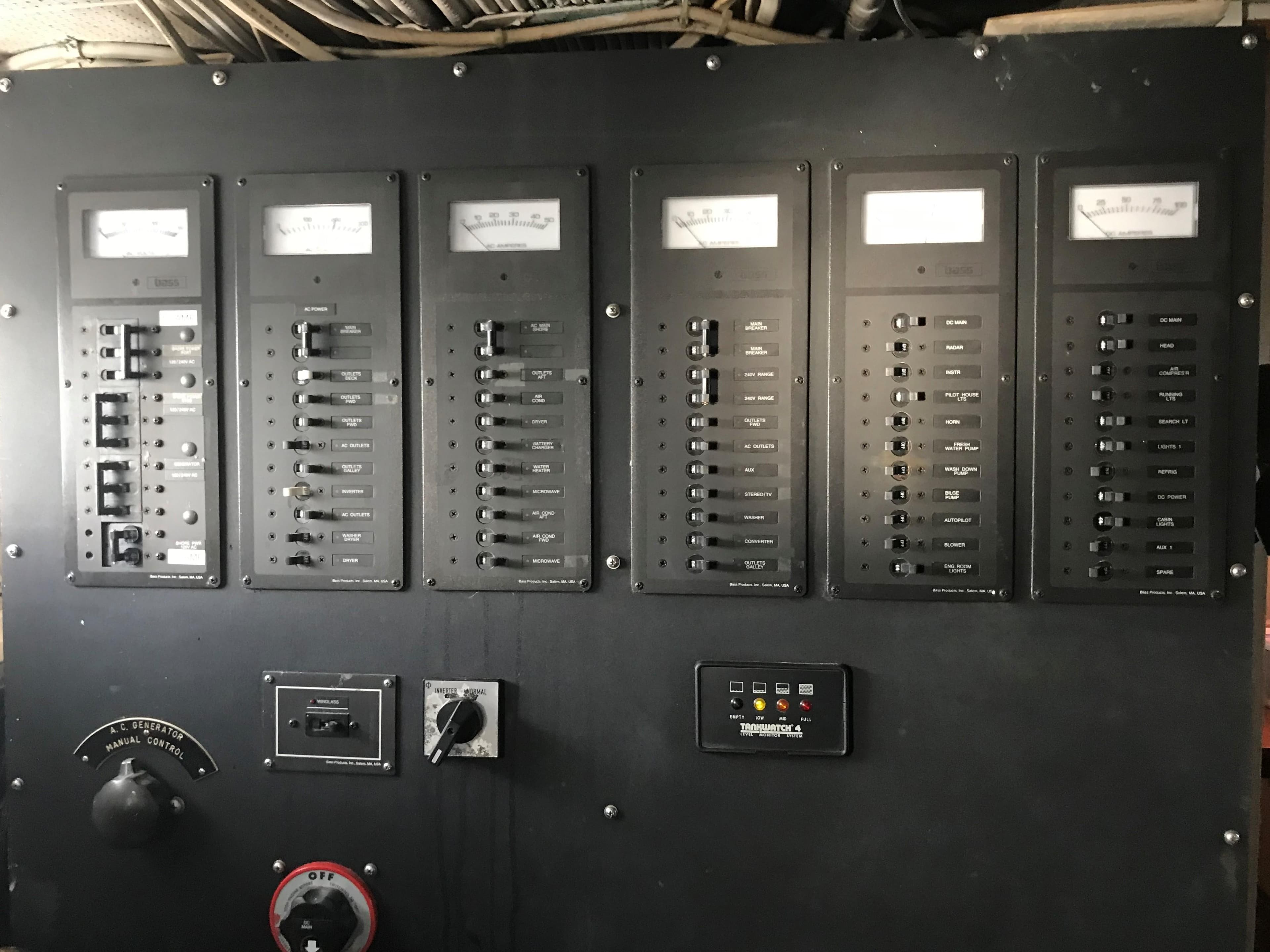 Electrical control panel on a 1947 Trumpy "60" Houseboat.