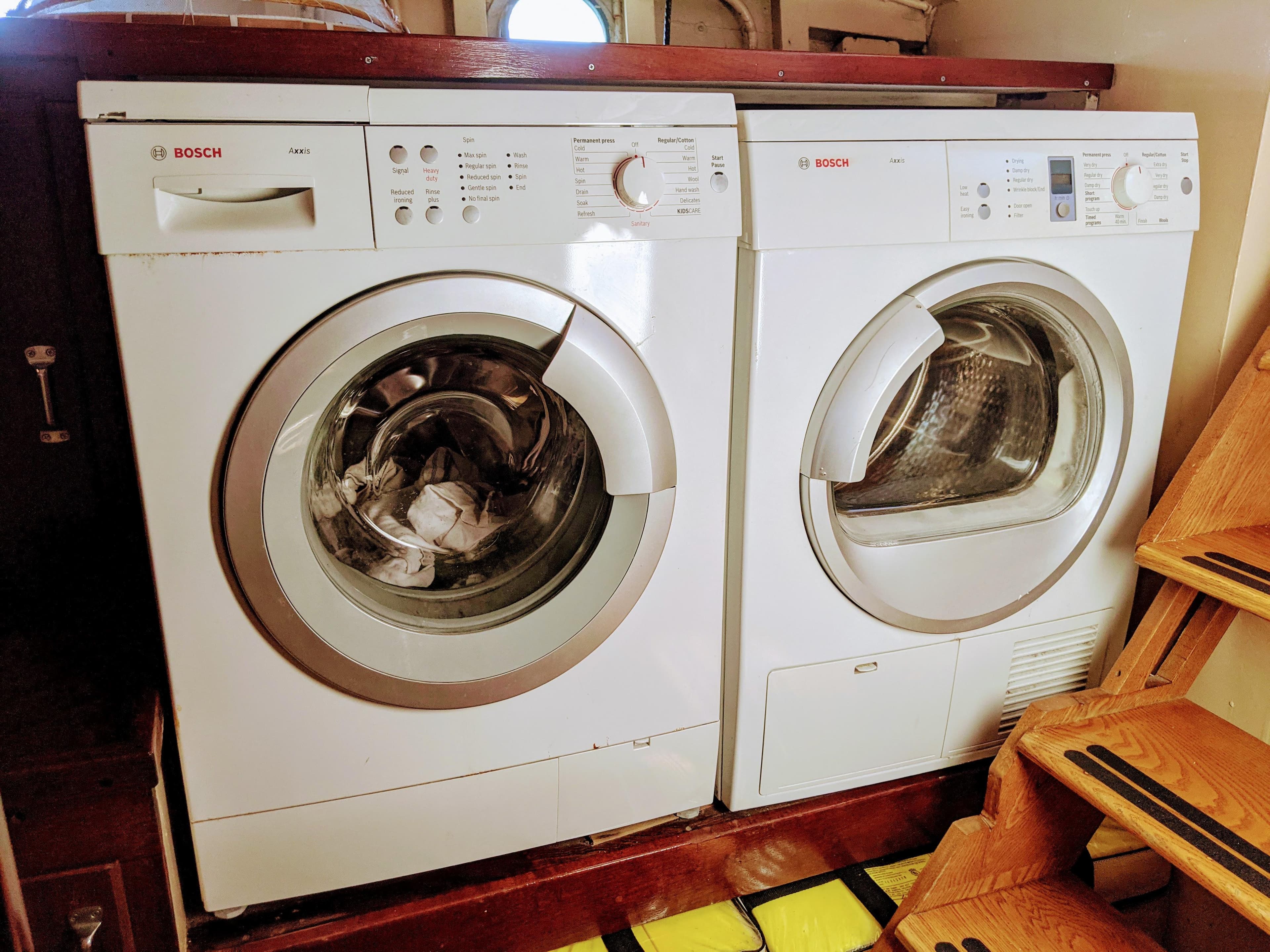 Bosch washer and dryer inside a 1947 Trumpy "60" Houseboat.